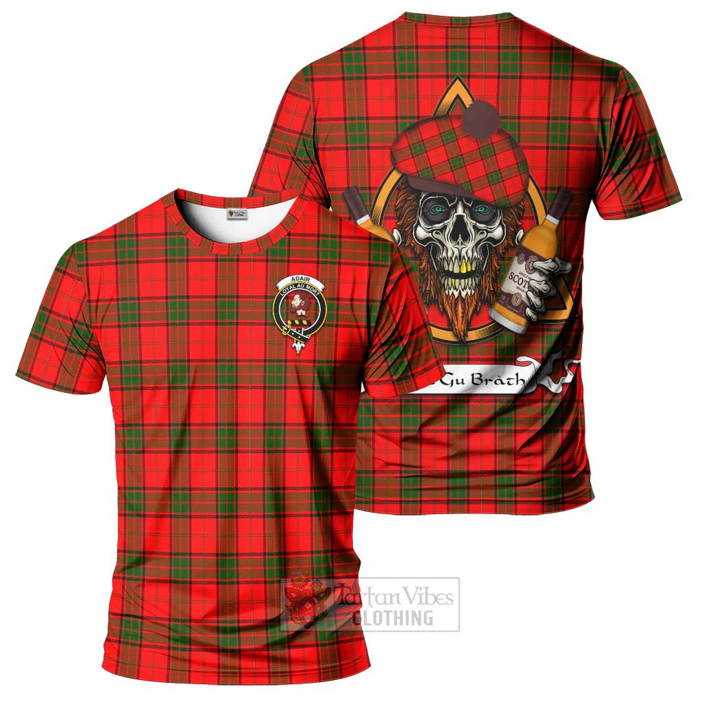 Tartan Vibes Clothing Adair Tartan T-Shirt with Family Crest and Bearded Skull Holding Bottles of Whiskey