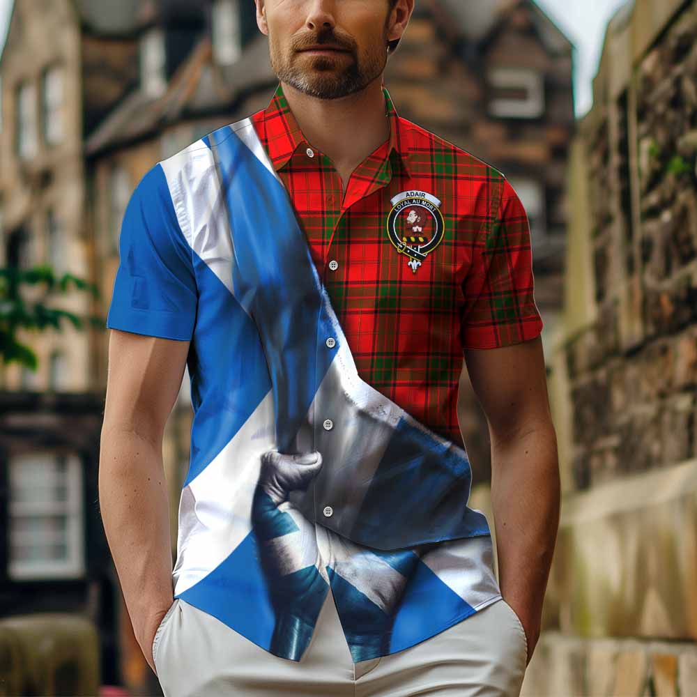 Tartan Vibes Clothing Adair Tartan Short Sleeve Button Shirt with Family Crest Scotland Patriotic Style