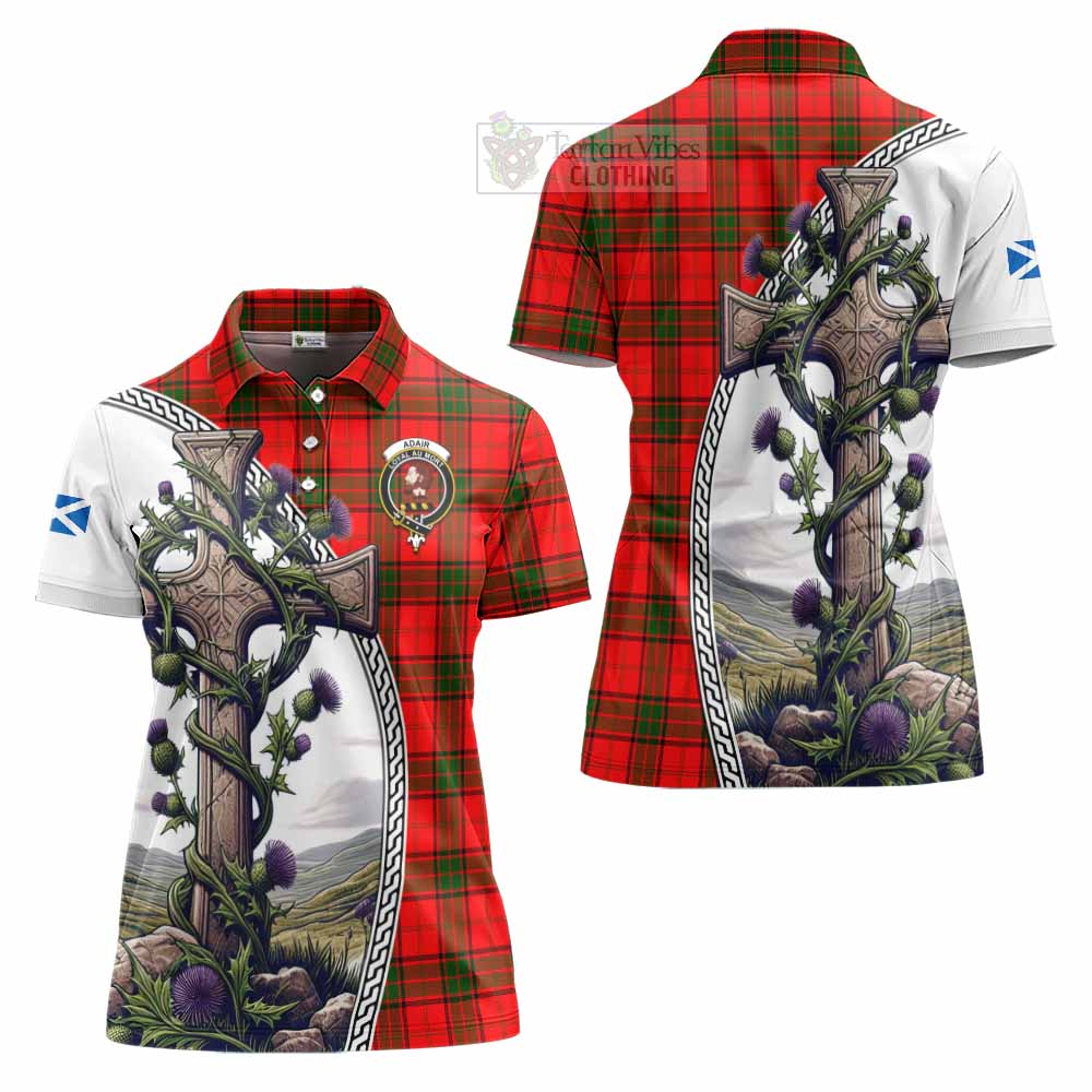 Tartan Vibes Clothing Adair Tartan Women's Polo Shirt with Family Crest and St. Andrew's Cross Accented by Thistle Vines