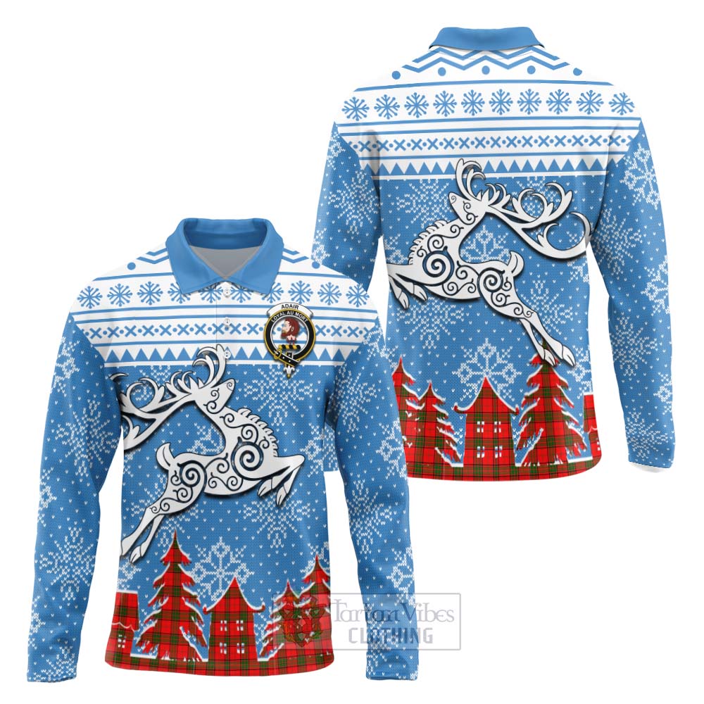 Tartan Vibes Clothing Adair Clan Christmas Long Sleeve Polo Shirt Celtic Reindeer Style