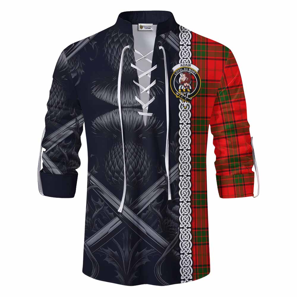 Tartan Vibes Clothing Adair Tartan Ghillie Kilt Shirt with Family Crest Cross Sword Thistle Celtic Vibes