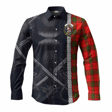 Adair Tartan Long Sleeve Button Shirt with Family Crest Cross Sword Thistle Celtic Vibes