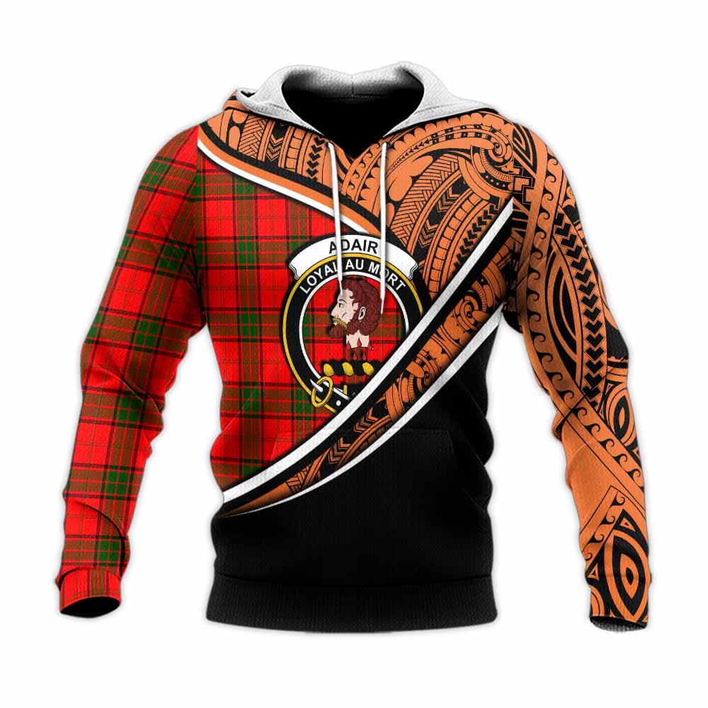 Tartan Vibes Clothing Adair Crest Tartan Knitted Hoodie with Maori Tattoo Style - Orange Version