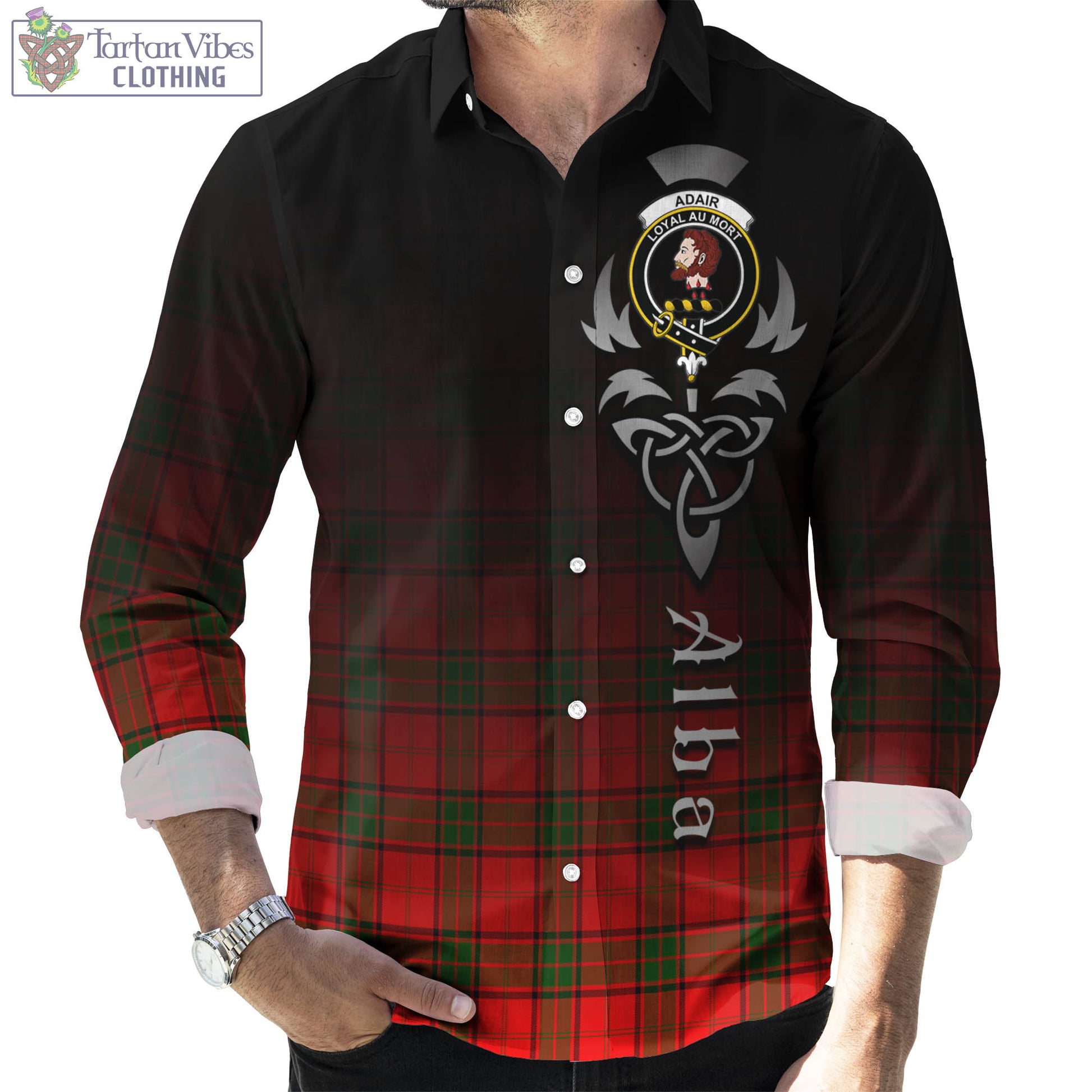 Tartan Vibes Clothing Adair Tartan Long Sleeve Button Up Featuring Alba Gu Brath Family Crest Celtic Inspired