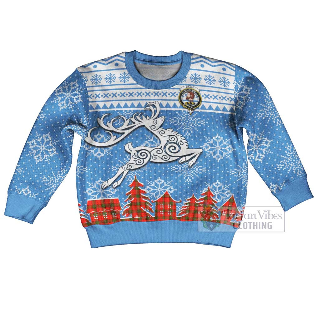 Tartan Vibes Clothing Adair Clan Christmas Kid Ugly Sweater with Tartan and Celtic Raindeer Style