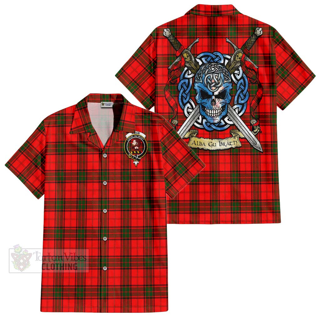 Tartan Vibes Clothing Adair Tartan Short Sleeve Button Shirt with Family Crest Celtic Skull Style