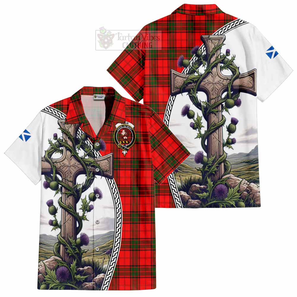 Tartan Vibes Clothing Adair Tartan Short Sleeve Button Shirt with Family Crest and St. Andrew's Cross Accented by Thistle Vines