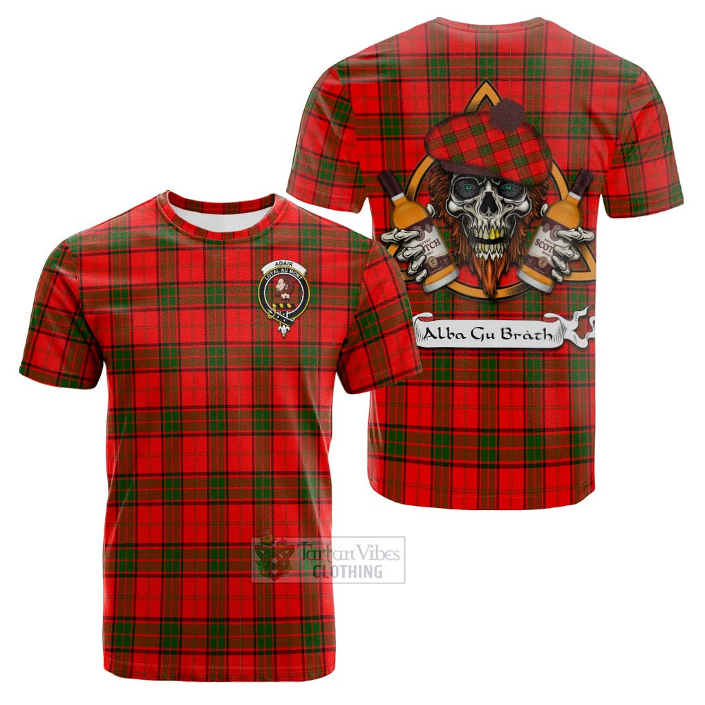 Tartan Vibes Clothing Adair Tartan Cotton T-shirt with Family Crest and Bearded Skull Holding Bottles of Whiskey