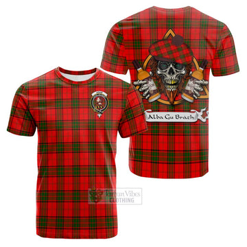 Adair Tartan Cotton T-shirt with Family Crest and Bearded Skull Holding Bottles of Whiskey