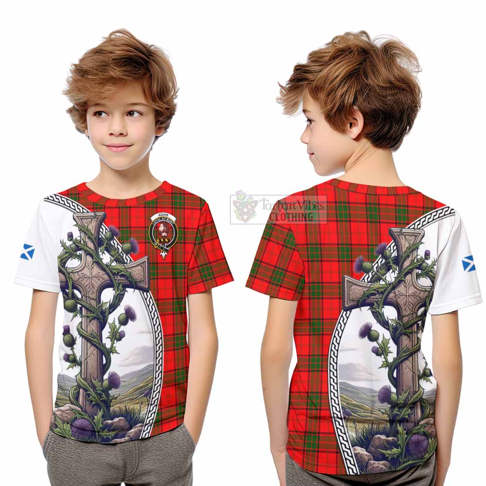 Tartan Vibes Clothing Adair Tartan Kid T-Shirt with Family Crest and St. Andrew's Cross Accented by Thistle Vines