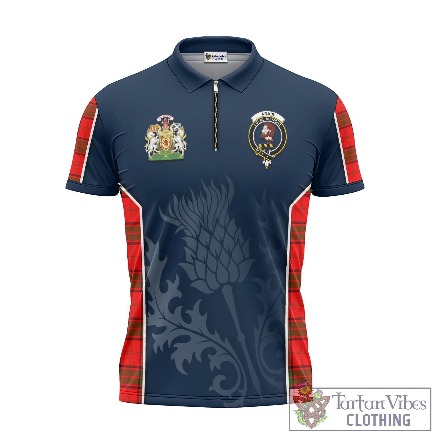 Tartan Vibes Clothing Adair Tartan Zipper Polo Shirt with Family Crest and Scottish Thistle Vibes Sport Style