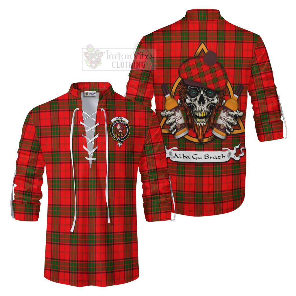 Tartan Vibes Clothing Adair Tartan Ghillie Kilt Shirt with Family Crest and Bearded Skull Holding Bottles of Whiskey