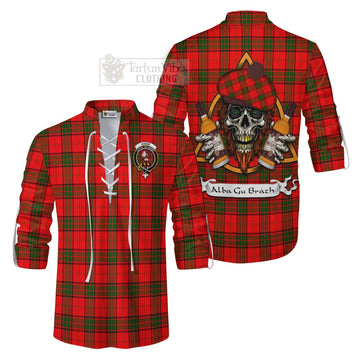 Adair Tartan Ghillie Kilt Shirt with Family Crest and Bearded Skull Holding Bottles of Whiskey