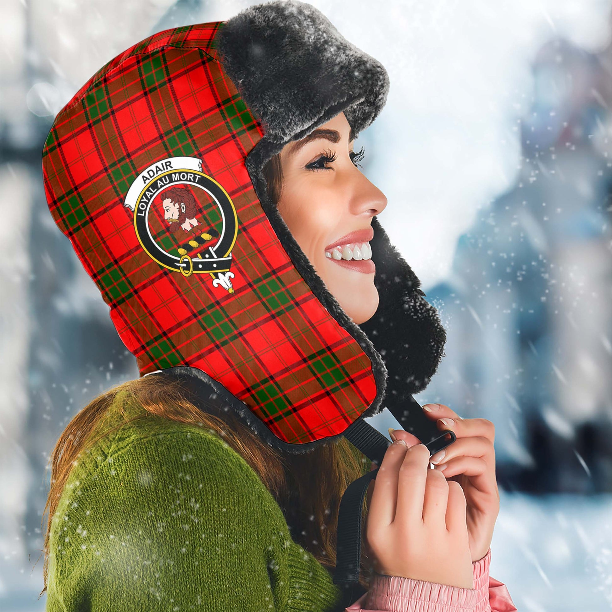 Adair Tartan Winter Trapper Hat with Family Crest Winter Trapper Hat Universal Fit Circumference 22.8in (58cm) - Tartanvibesclothing