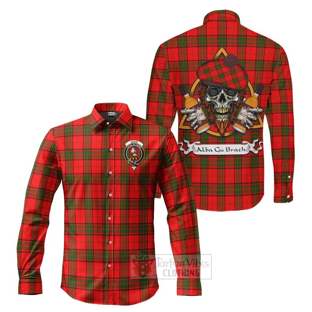 Tartan Vibes Clothing Adair Tartan Long Sleeve Button Shirt with Family Crest and Bearded Skull Holding Bottles of Whiskey