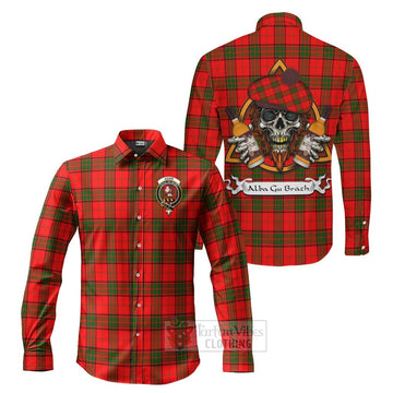 Adair Tartan Long Sleeve Button Shirt with Family Crest and Bearded Skull Holding Bottles of Whiskey