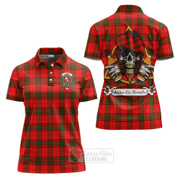 Adair Tartan Women's Polo Shirt with Family Crest and Bearded Skull Holding Bottles of Whiskey