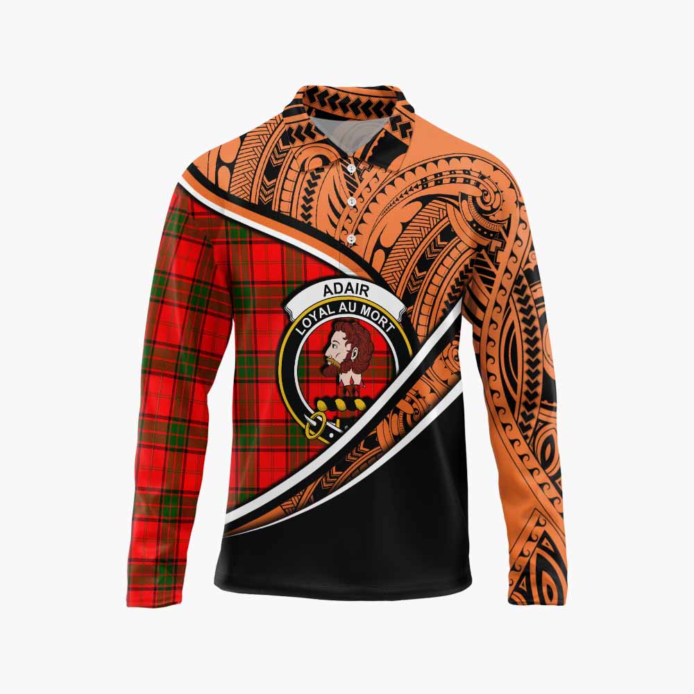 Tartan Vibes Clothing Adair Crest Tartan Long Sleeve Polo Shirt with Maori Tattoo Style - Orange Version