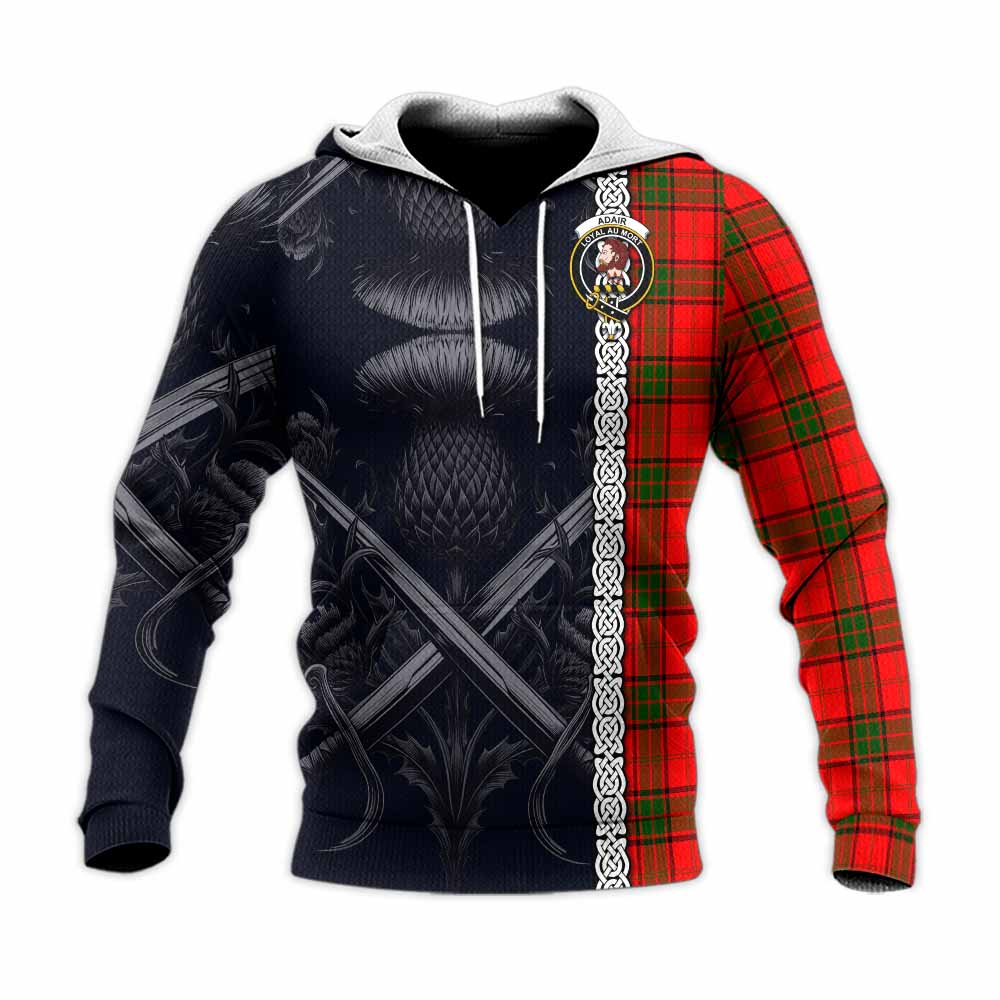 Tartan Vibes Clothing Adair Tartan Knitted Hoodie with Family Crest Cross Sword Thistle Celtic Vibes