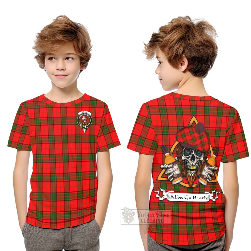 Tartan Vibes Clothing Adair Tartan Kid T-Shirt with Family Crest and Bearded Skull Holding Bottles of Whiskey