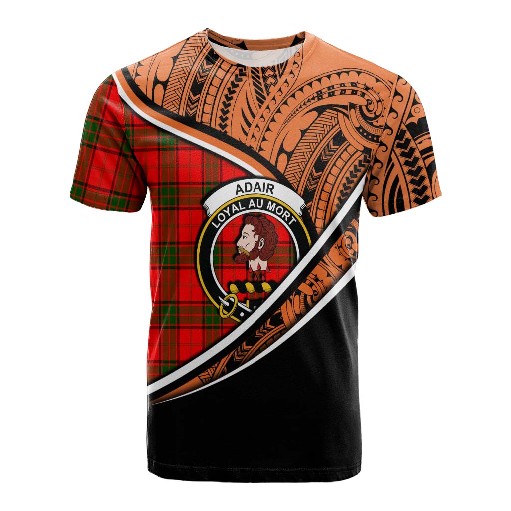 Tartan Vibes Clothing Adair Crest Tartan Cotton T-shirt with Maori Tattoo Style - Orange Version