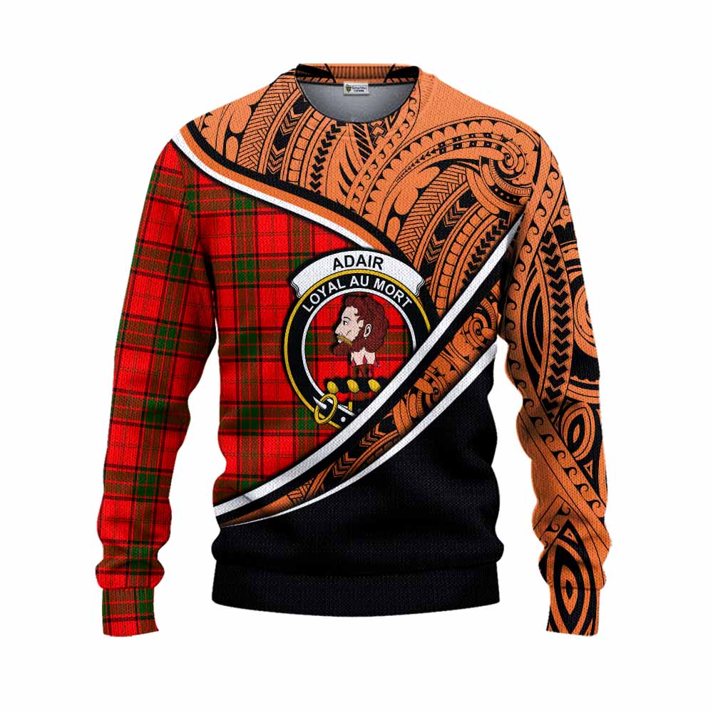 Tartan Vibes Clothing Adair Crest Tartan Knitted Sweater with Maori Tattoo Style - Orange Version