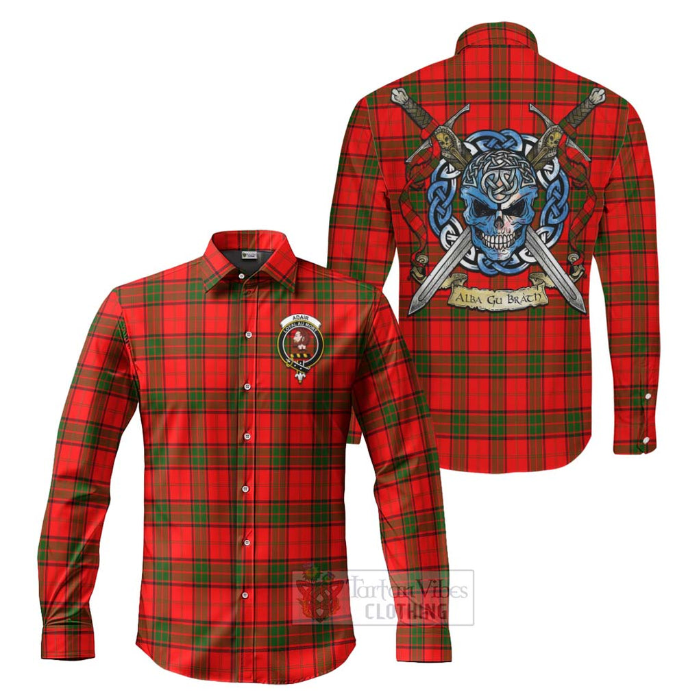 Tartan Vibes Clothing Adair Tartan Long Sleeve Button Shirt with Family Crest Celtic Skull Style