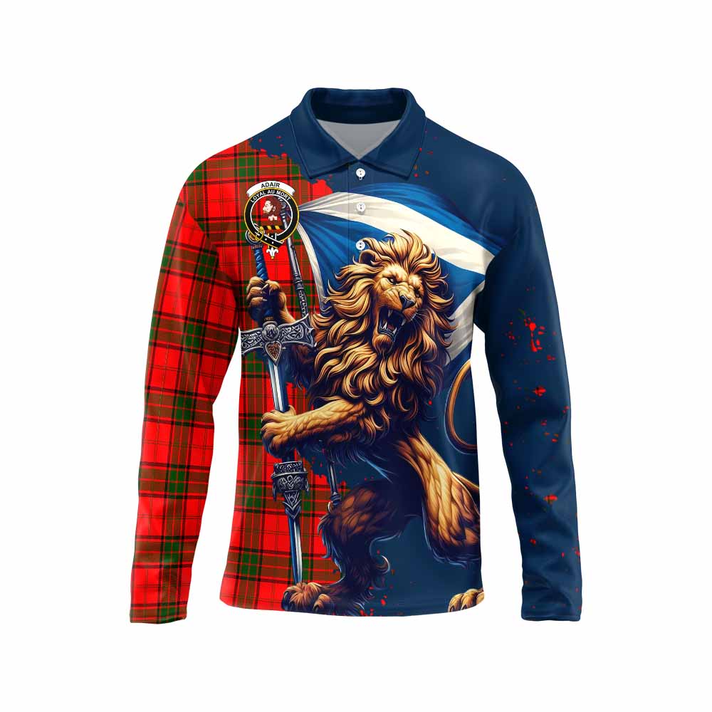 Tartan Vibes Clothing Adair Tartan Family Crest Long Sleeve Polo Shirt with Scottish Majestic Lion