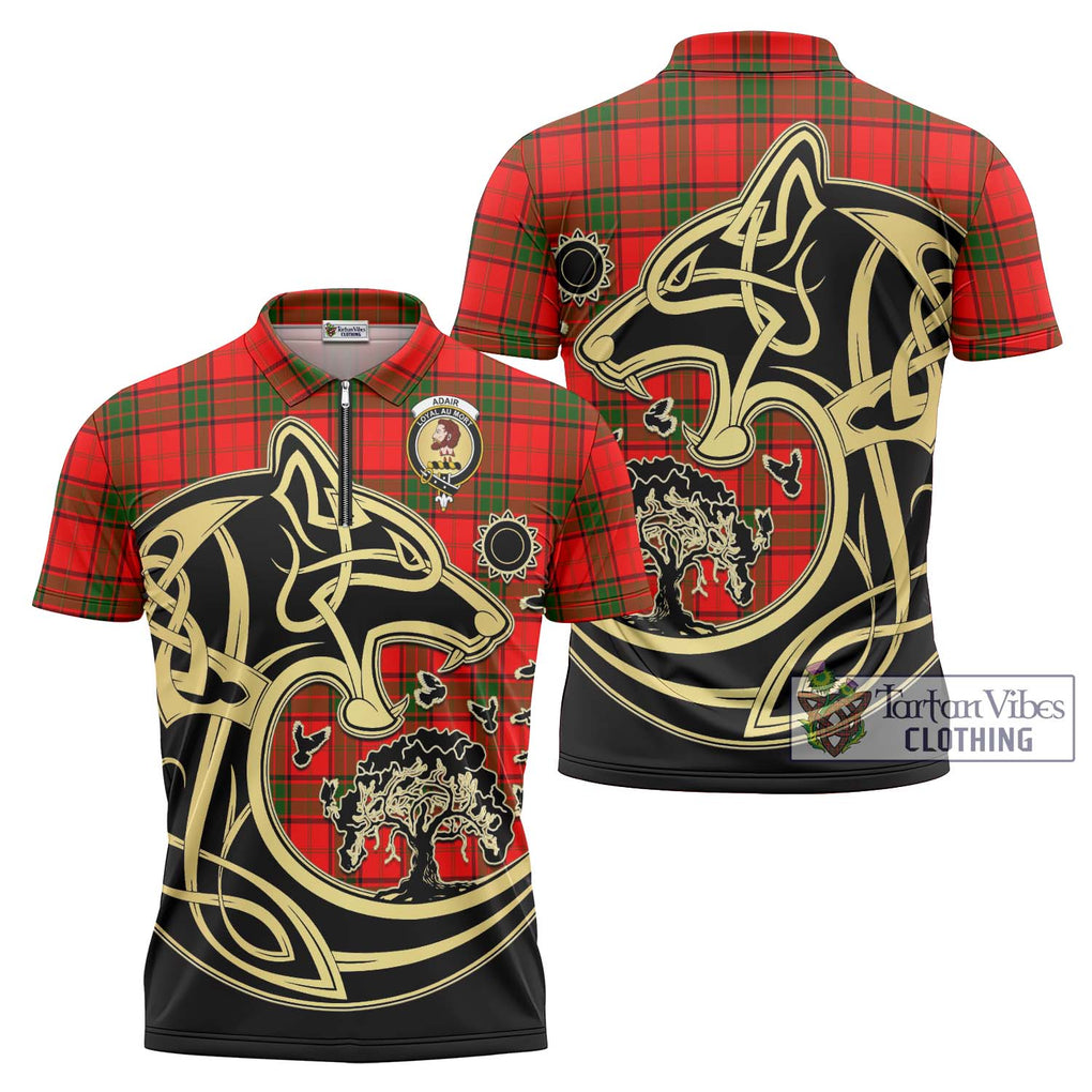 Adair Tartan Zipper Polo Shirt with Family Crest Celtic Wolf Style Unisex - Tartanvibesclothing Shop