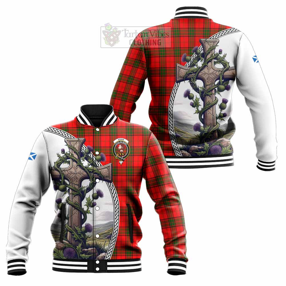 Tartan Vibes Clothing Adair Tartan Baseball Jacket with Family Crest and St. Andrew's Cross Accented by Thistle Vines