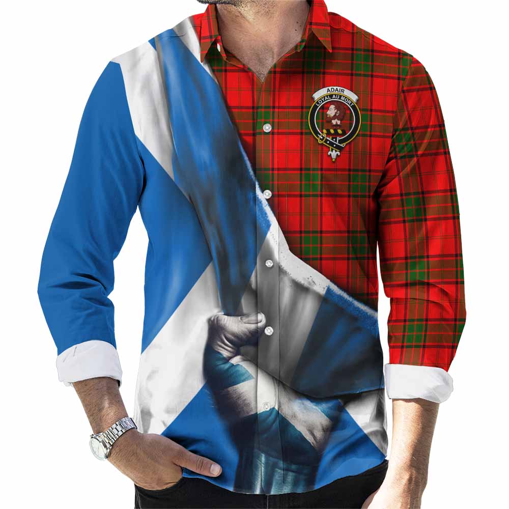 Tartan Vibes Clothing Adair Tartan Long Sleeve Button Shirt with Family Crest Scotland Patriotic Style