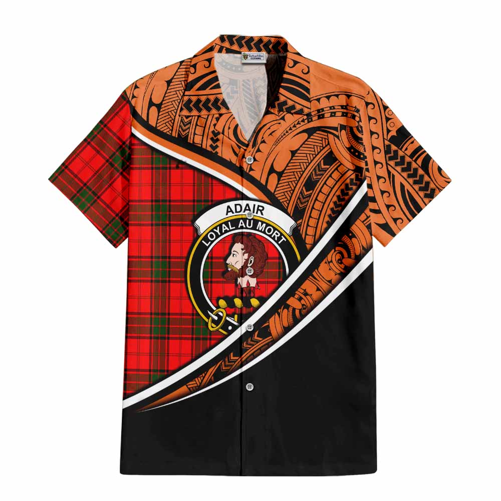 Tartan Vibes Clothing Adair Crest Tartan Short Sleeve Button Shirt with Maori Tattoo Style - Orange Version