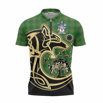 Adair Irish Tartan Zipper Polo Shirt with Coat of Arms Celtic Wolf Style