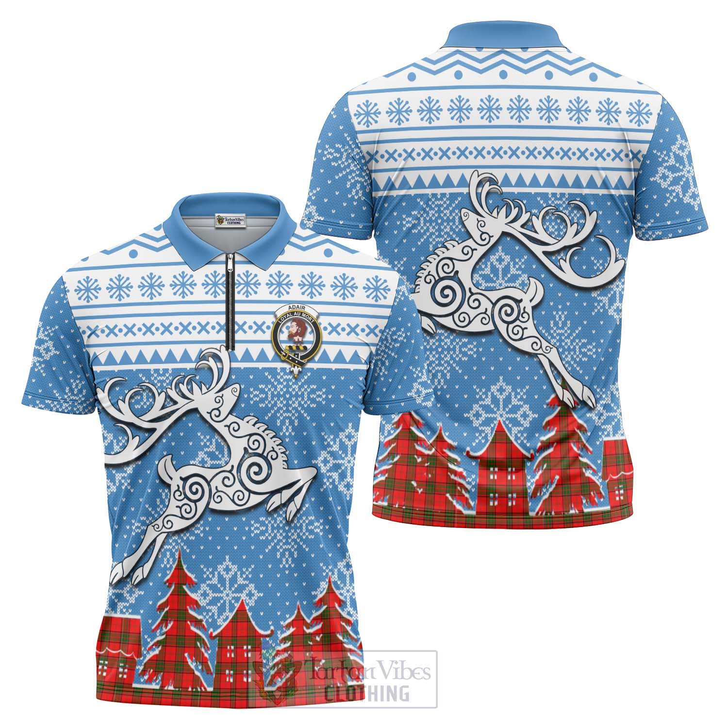 Tartan Vibes Clothing Adair Clan Christmas Zipper Polo Shirt Celtic Reindeer Style