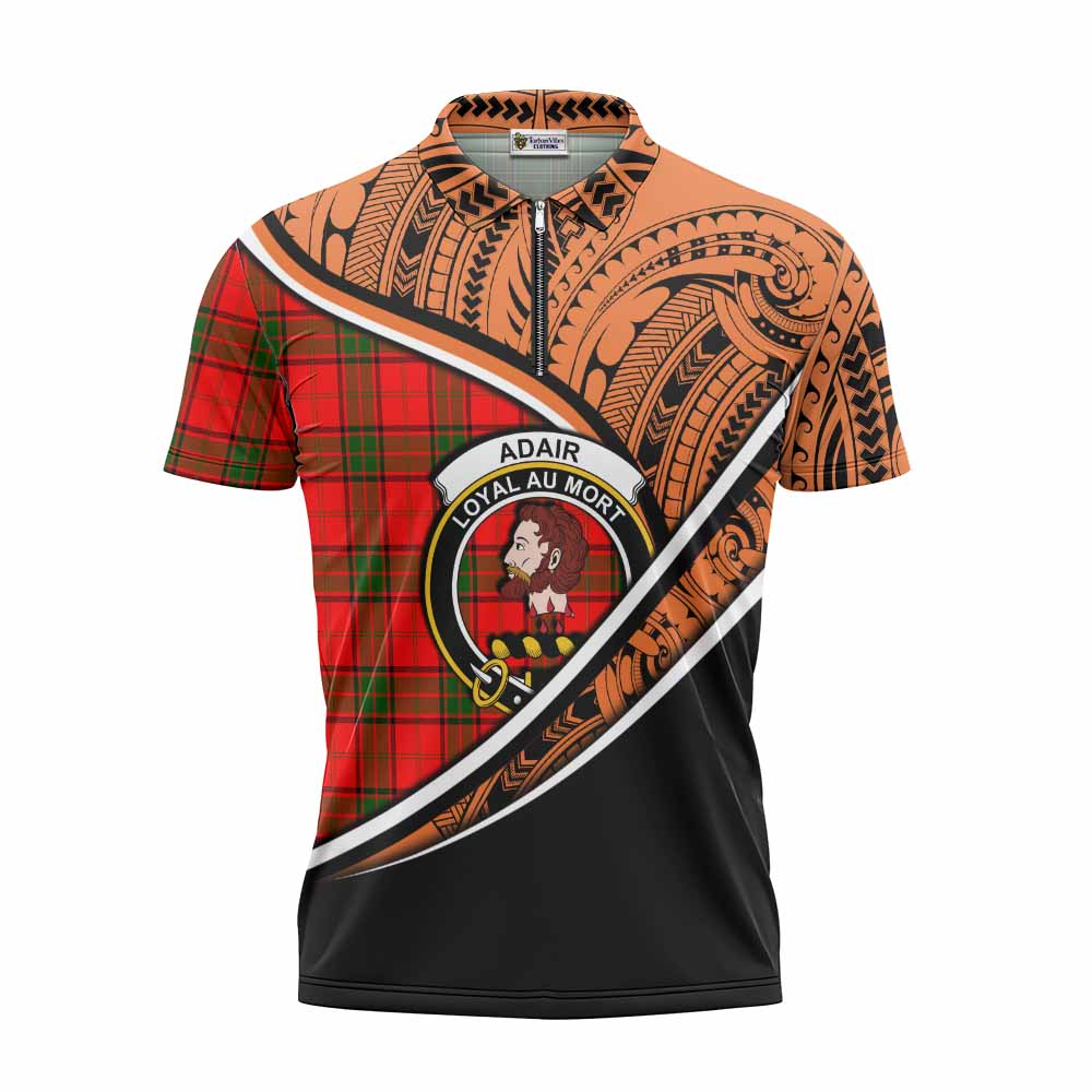 Tartan Vibes Clothing Adair Crest Tartan Zipper Polo Shirt with Maori Tattoo Style - Orange Version