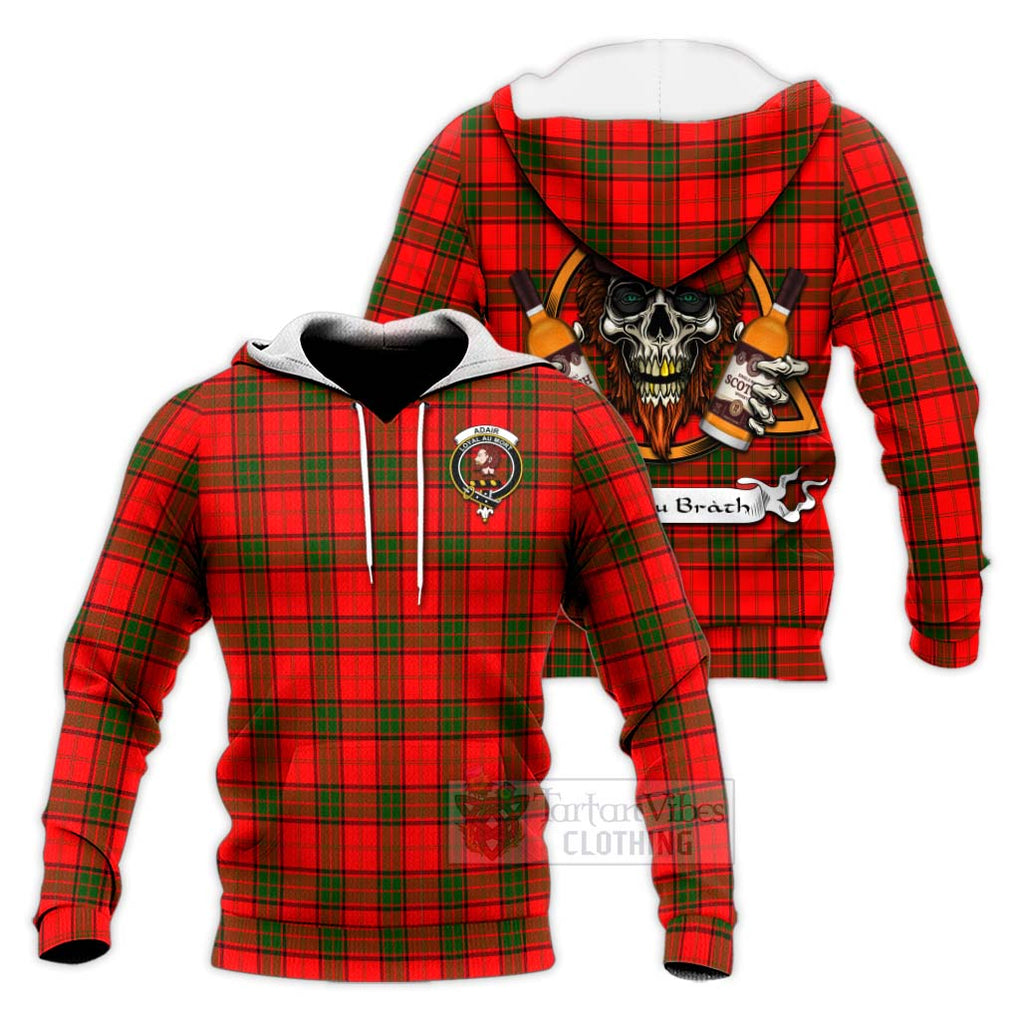 Tartan Vibes Clothing Adair Tartan Knitted Hoodie with Family Crest and Bearded Skull Holding Bottles of Whiskey