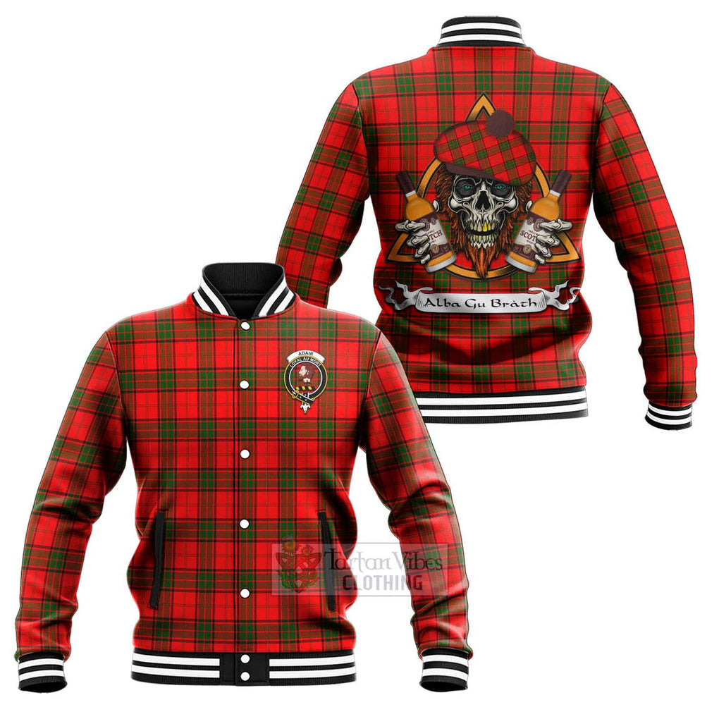 Tartan Vibes Clothing Adair Tartan Baseball Jacket with Family Crest and Bearded Skull Holding Bottles of Whiskey