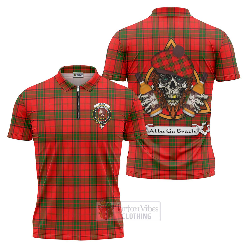 Tartan Vibes Clothing Adair Tartan Zipper Polo Shirt with Family Crest and Bearded Skull Holding Bottles of Whiskey