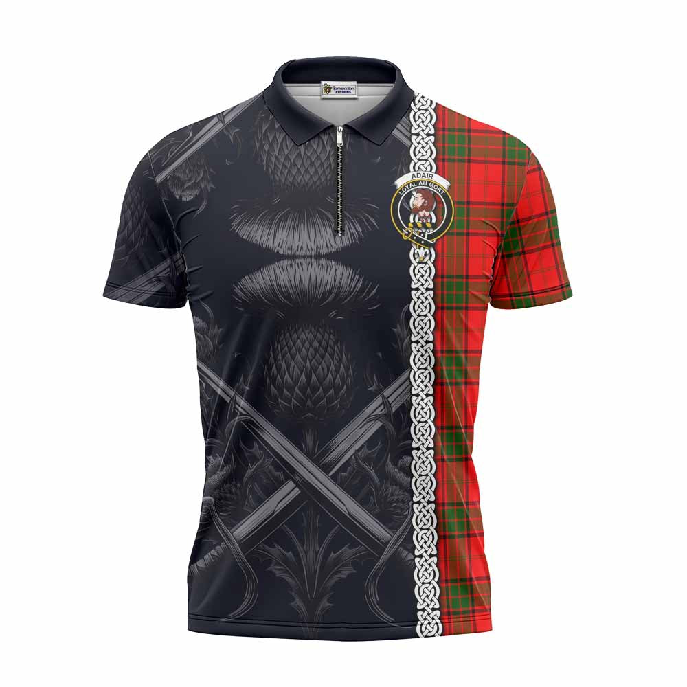 Tartan Vibes Clothing Adair Tartan Zipper Polo Shirt with Family Crest Cross Sword Thistle Celtic Vibes