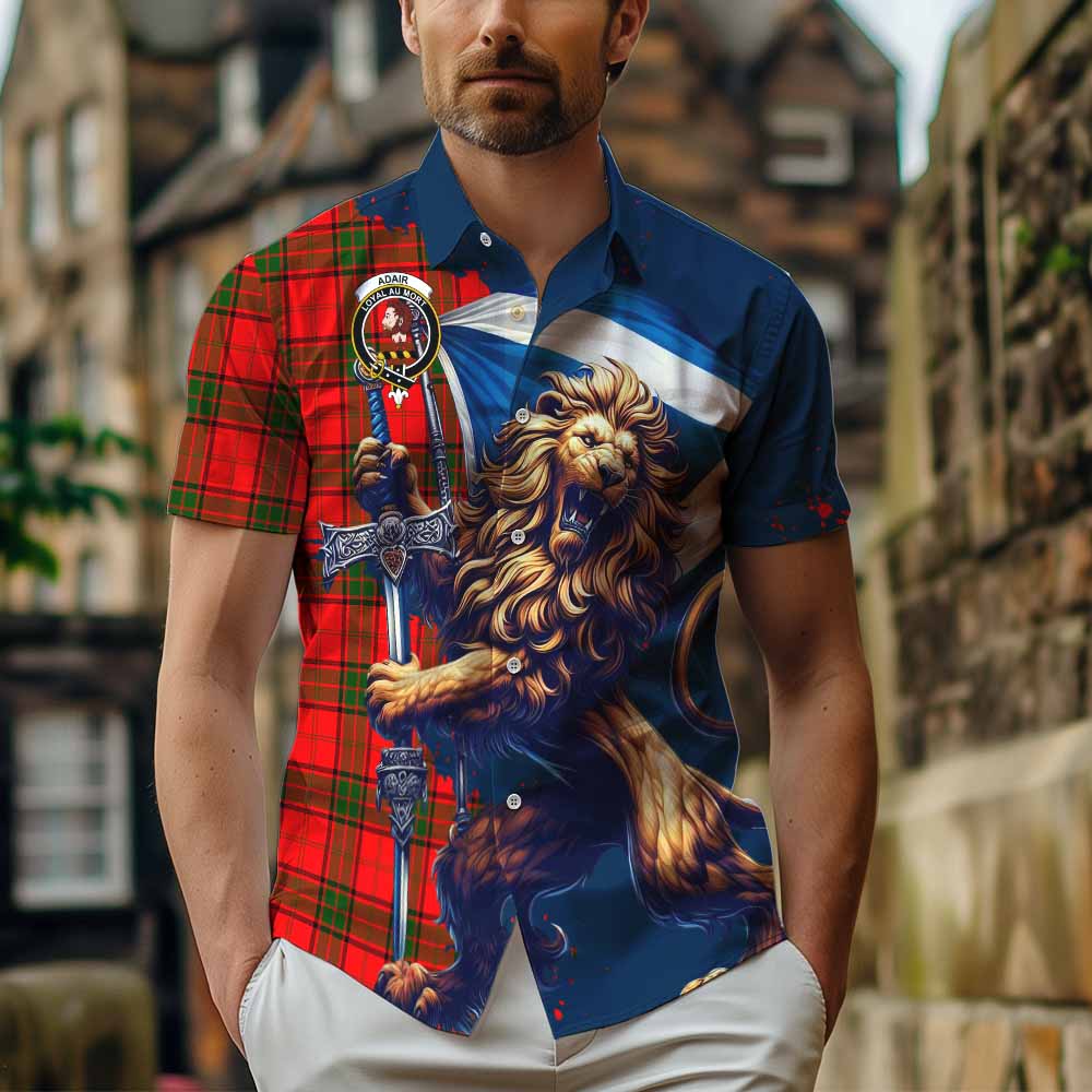 Tartan Vibes Clothing Adair Tartan Family Crest Short Sleeve Button Shirt with Scottish Majestic Lion