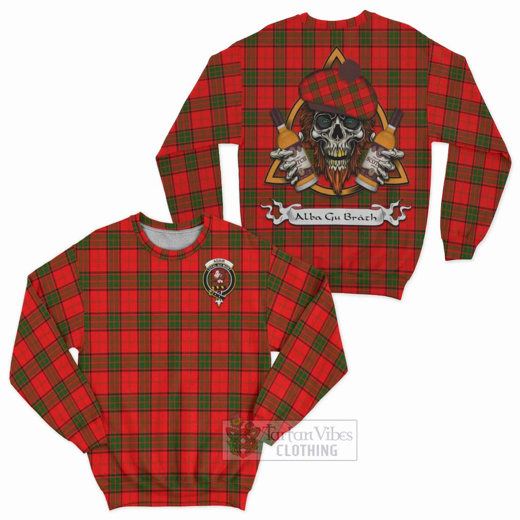 Tartan Vibes Clothing Adair Tartan Sweatshirt with Family Crest and Bearded Skull Holding Bottles of Whiskey