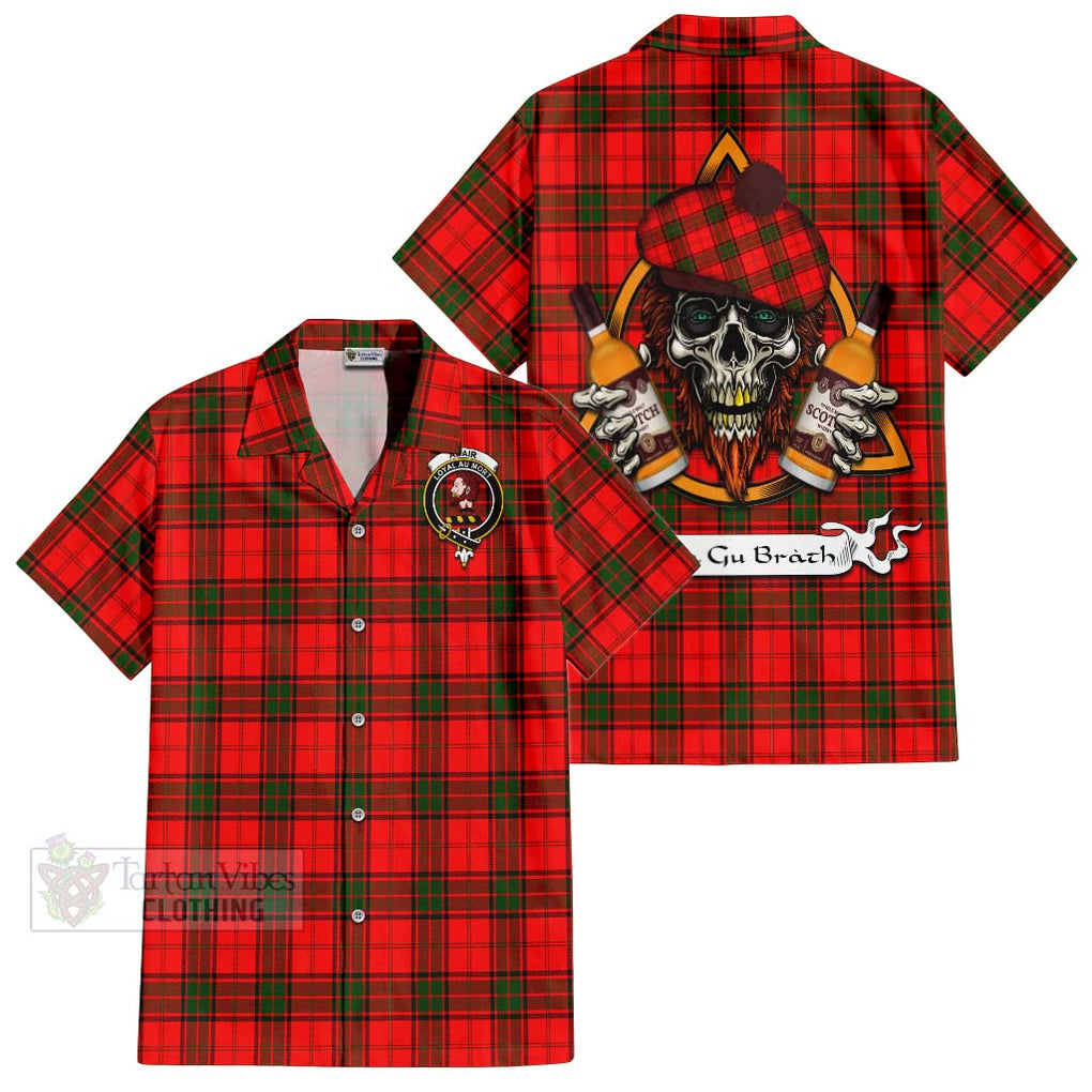 Tartan Vibes Clothing Adair Tartan Short Sleeve Button Shirt with Family Crest and Bearded Skull Holding Bottles of Whiskey