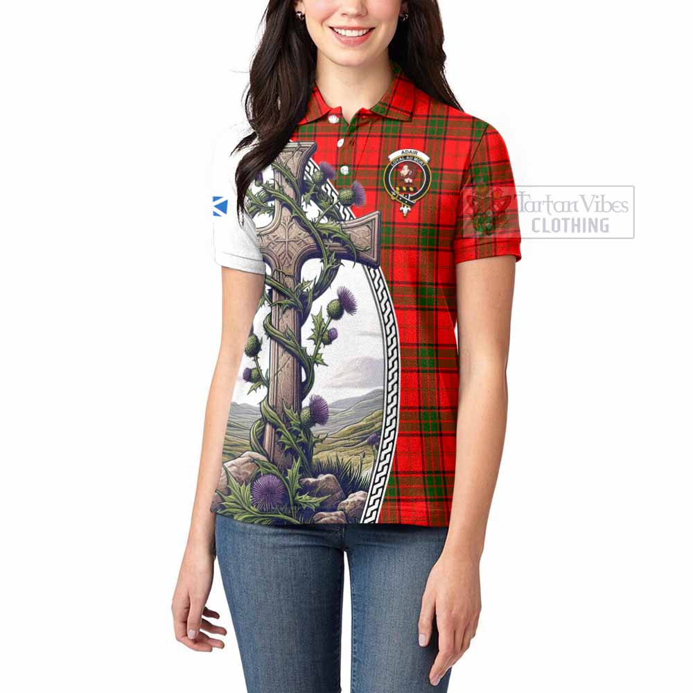 Tartan Vibes Clothing Adair Tartan Women's Polo Shirt with Family Crest and St. Andrew's Cross Accented by Thistle Vines