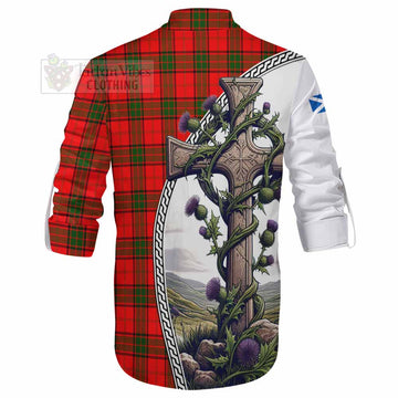 Adair Tartan Ghillie Kilt Shirt with Family Crest and St. Andrew's Cross Accented by Thistle Vines