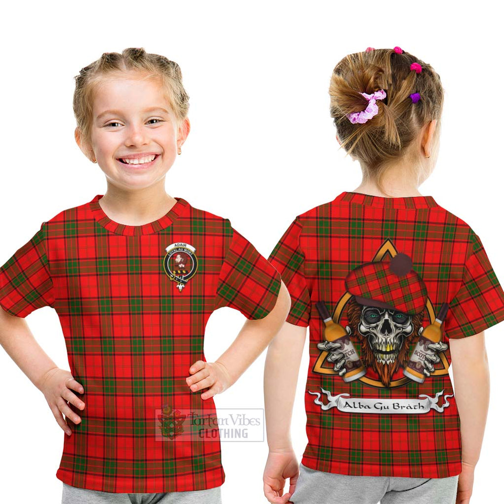 Tartan Vibes Clothing Adair Tartan Kid T-Shirt with Family Crest and Bearded Skull Holding Bottles of Whiskey