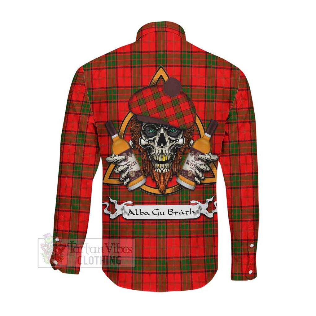 Tartan Vibes Clothing Adair Tartan Long Sleeve Button Shirt with Family Crest and Bearded Skull Holding Bottles of Whiskey