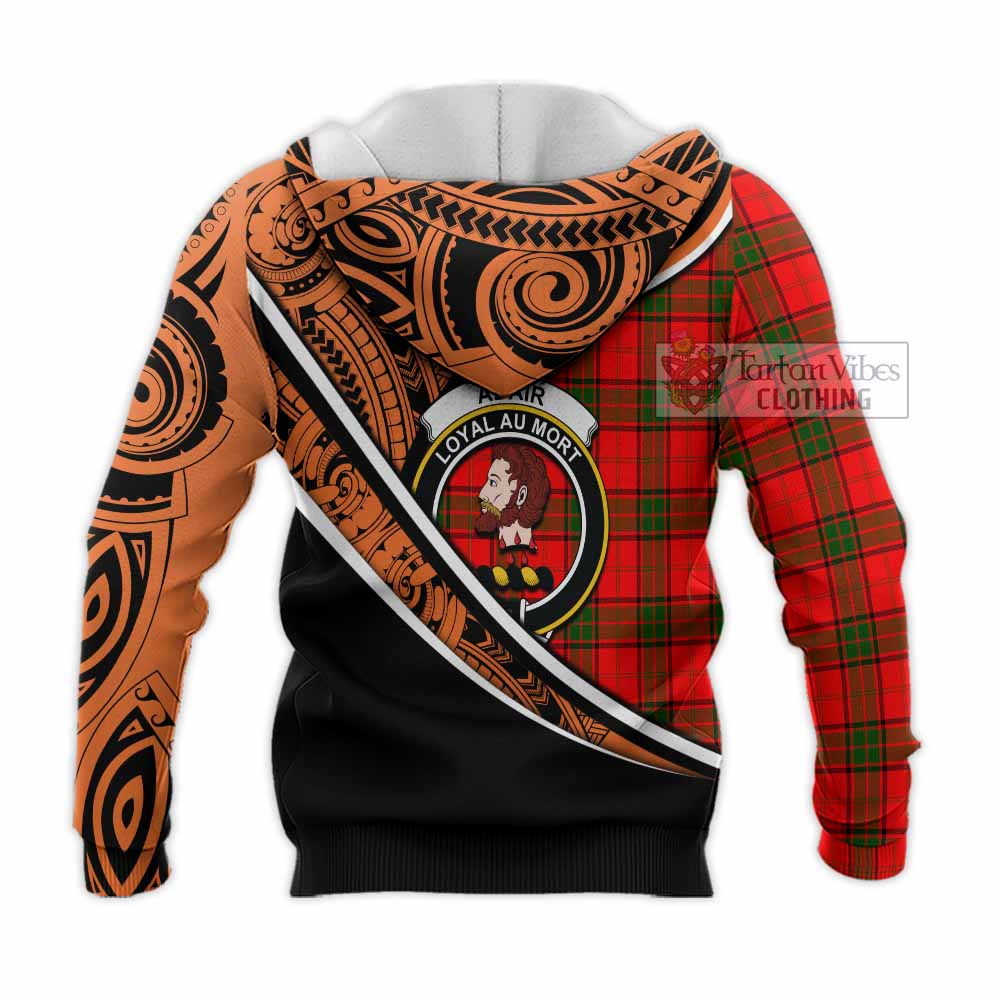 Tartan Vibes Clothing Adair Crest Tartan Knitted Hoodie with Maori Tattoo Style - Orange Version