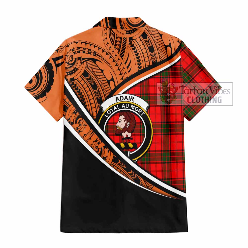 Tartan Vibes Clothing Adair Crest Tartan Short Sleeve Button Shirt with Maori Tattoo Style - Orange Version