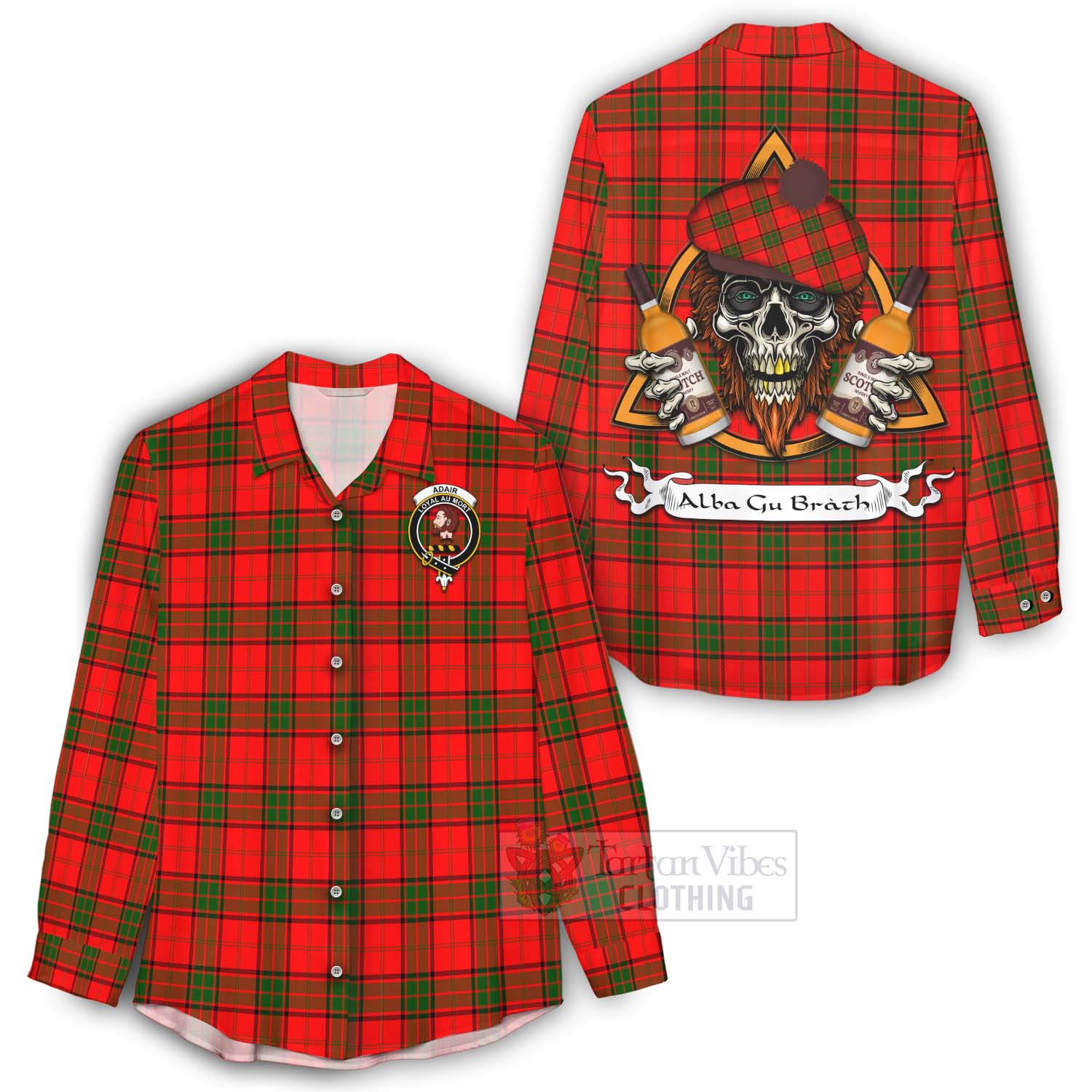 Tartan Vibes Clothing Adair Tartan Women's Casual Shirt with Family Crest and Bearded Skull Holding Bottles of Whiskey