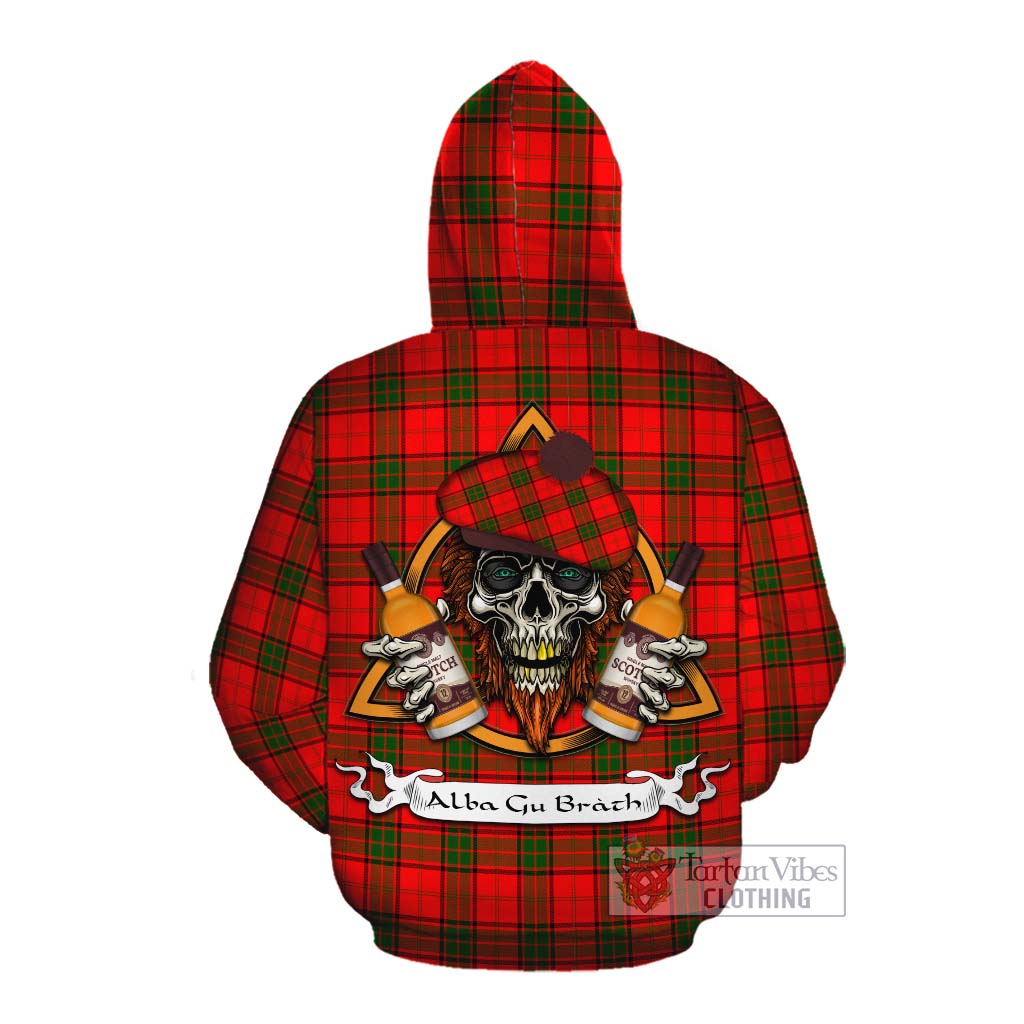 Tartan Vibes Clothing Adair Tartan Cotton Hoodie with Family Crest and Bearded Skull Holding Bottles of Whiskey